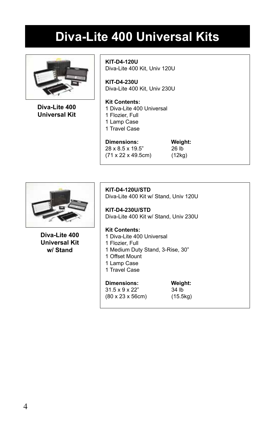 Diva-lite 400 universal kits | Kino Flo Diva-Lite 401/201 & 400U User Manual | Page 4 / 16