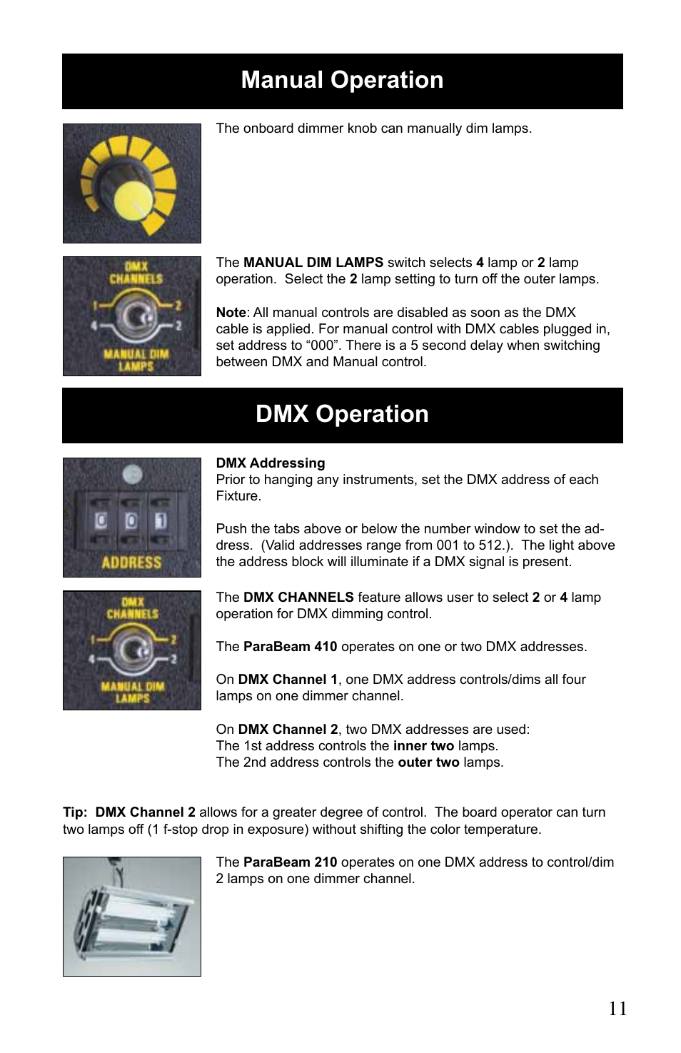 Manual operation dmx operation | Kino Flo ParaBeam 400/200 DMX User Manual | Page 11 / 20