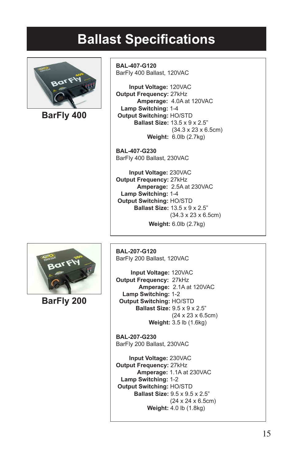 Ballast specifications | Kino Flo BarFly 100/200/400 User Manual | Page 15 / 16