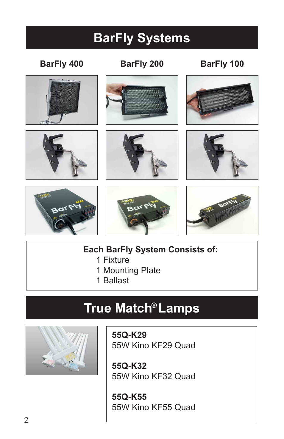 Barfly systems true match, Lamps | Kino Flo BarFly 100/200/400 User Manual | Page 2 / 16
