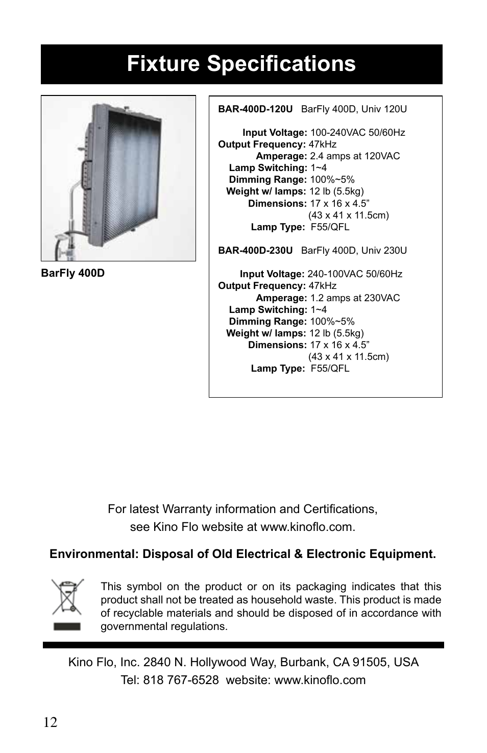 Fixture specifications | Kino Flo BarFly 400D User Manual | Page 12 / 12
