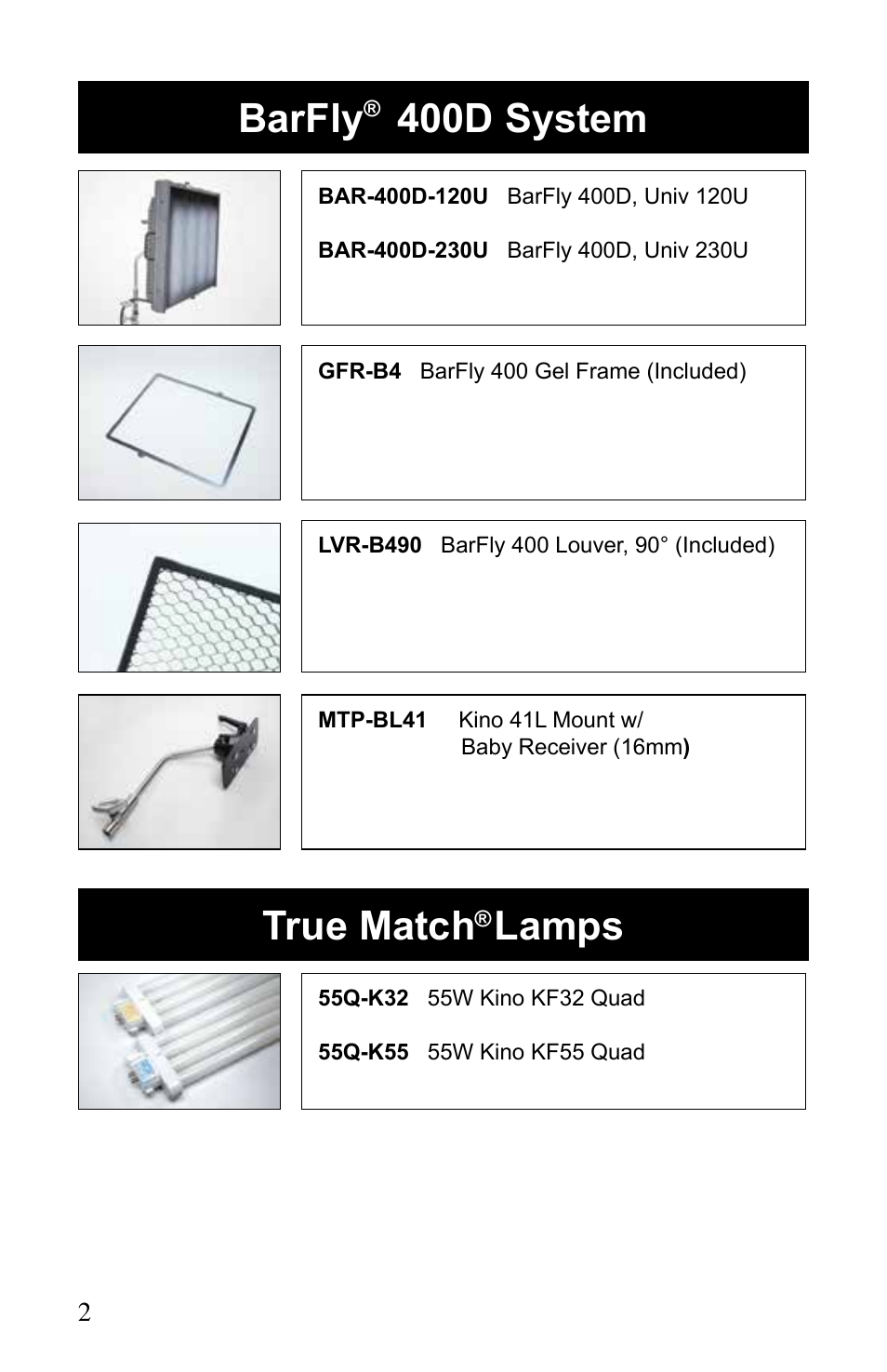 Barfly 400d system true match, Lamps | Kino Flo BarFly 400D User Manual | Page 2 / 12