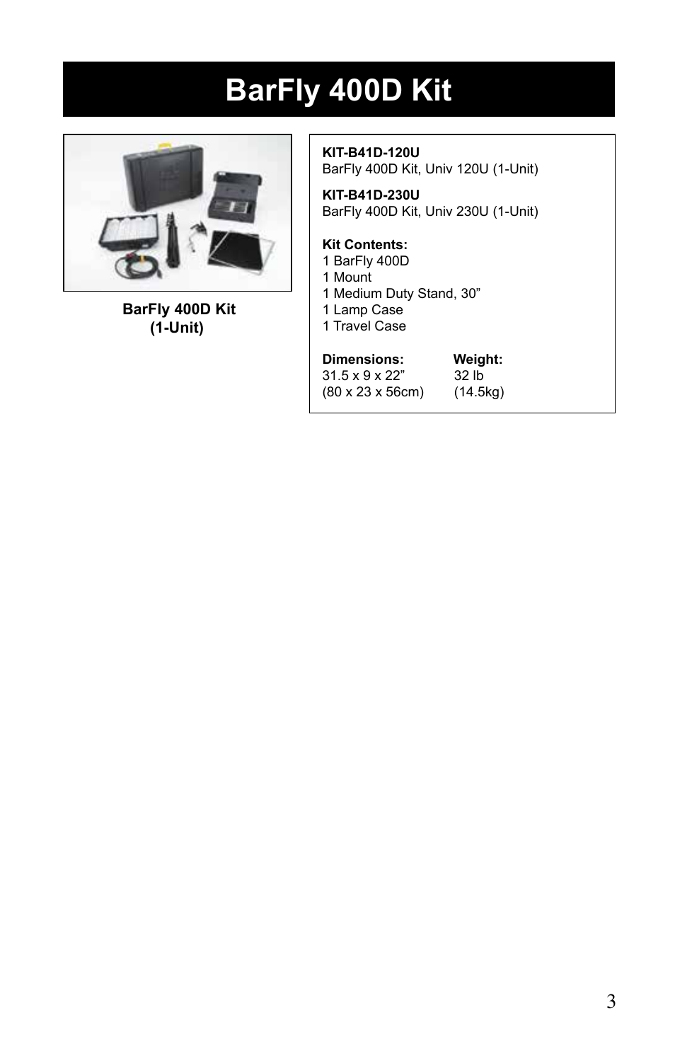Barfly 400d kit | Kino Flo BarFly 400D User Manual | Page 3 / 12