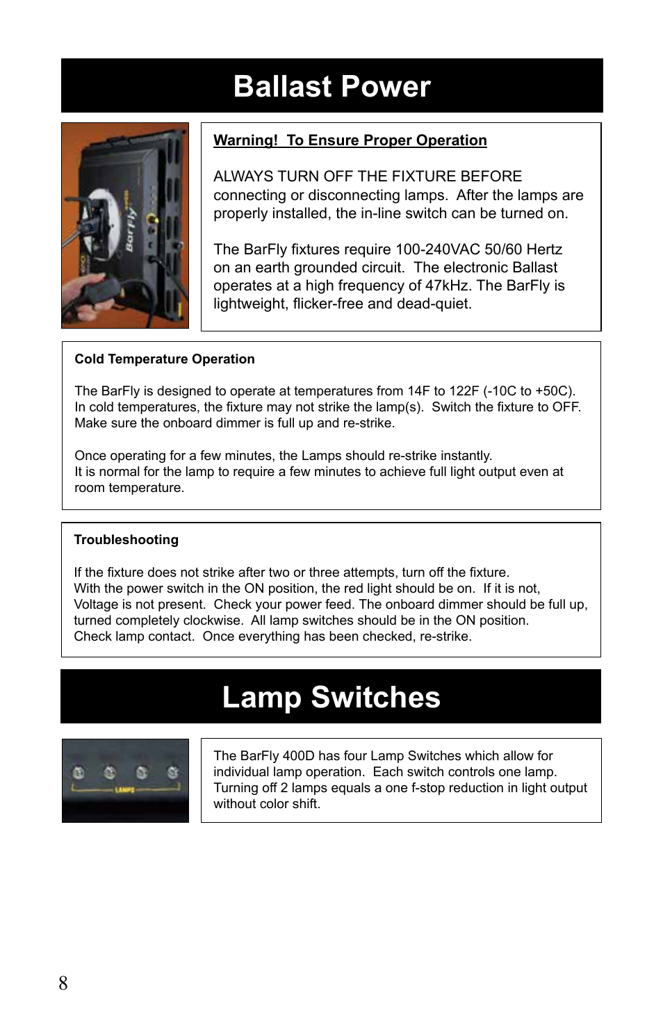 Lamp switches ballast power | Kino Flo BarFly 400D User Manual | Page 8 / 12