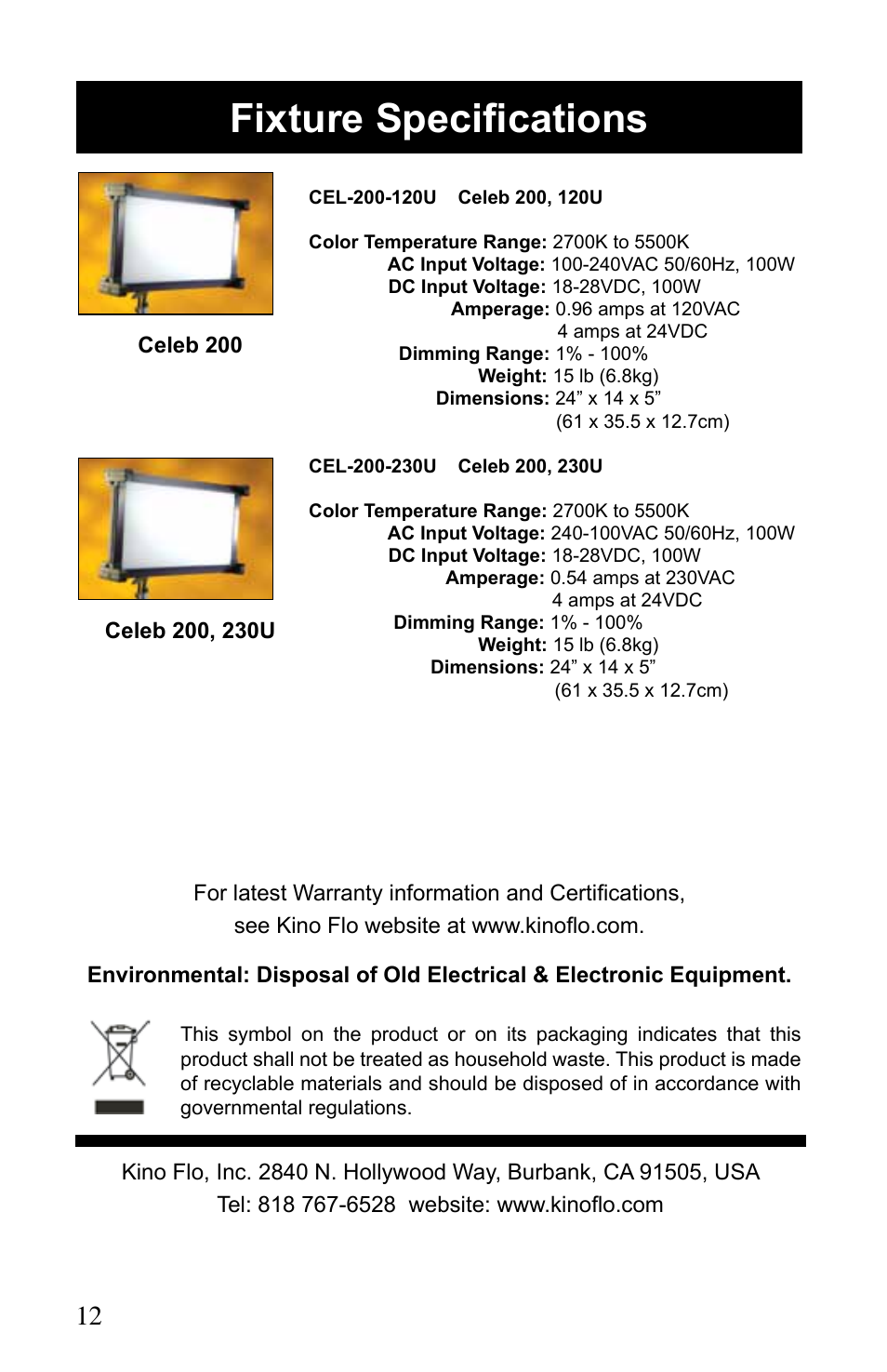 Fixture specifications | Kino Flo Celeb 200 LED User Manual | Page 12 / 12