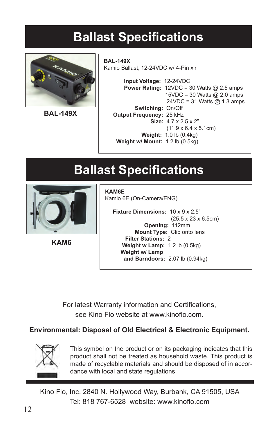 Ballast specifications | Kino Flo Kamio Kit Kam 6 User Manual | Page 12 / 12