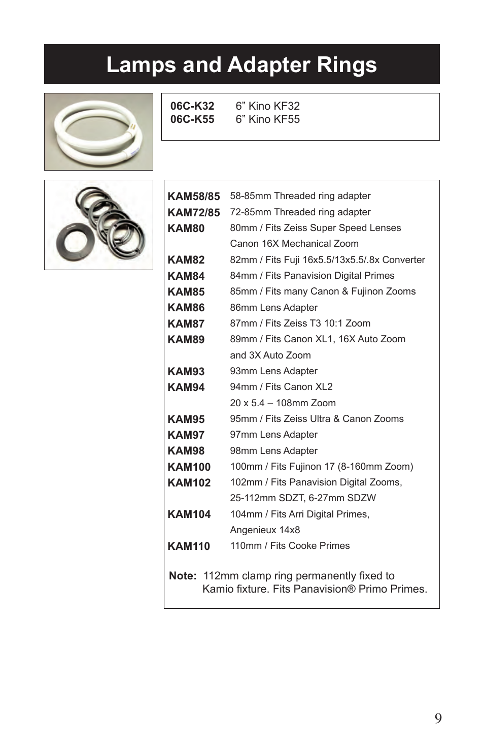 Lamps and adapter rings | Kino Flo Kamio Kit Kam 6 User Manual | Page 9 / 12