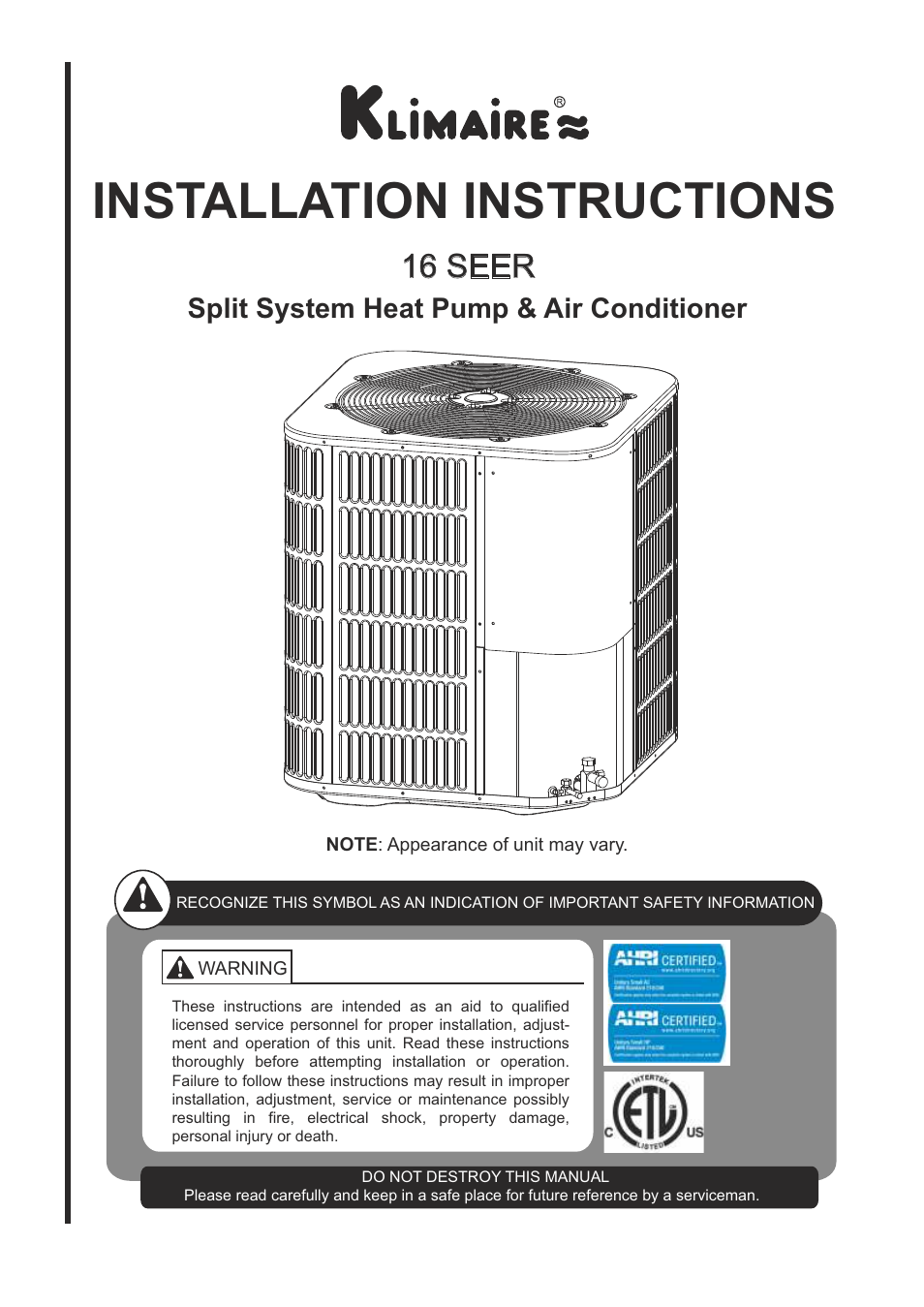 Klimaire CSM42H2P16 User Manual | 21 pages