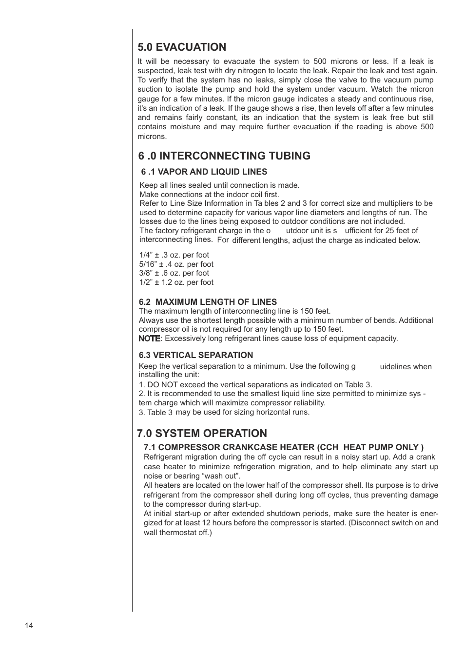 0 evacuation, 0 system operation, 6 .0 interconnecting tubing | Klimaire CSM42H2P16 User Manual | Page 14 / 21