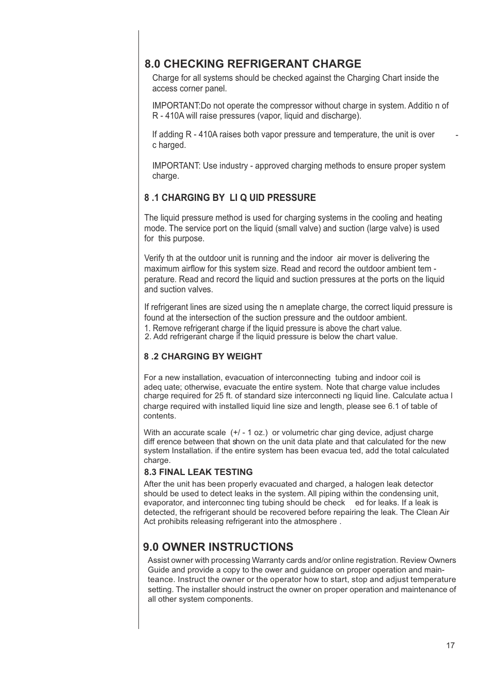 0 checking refrigerant charge, 0 owner instructions | Klimaire CSM42H2P16 User Manual | Page 17 / 21