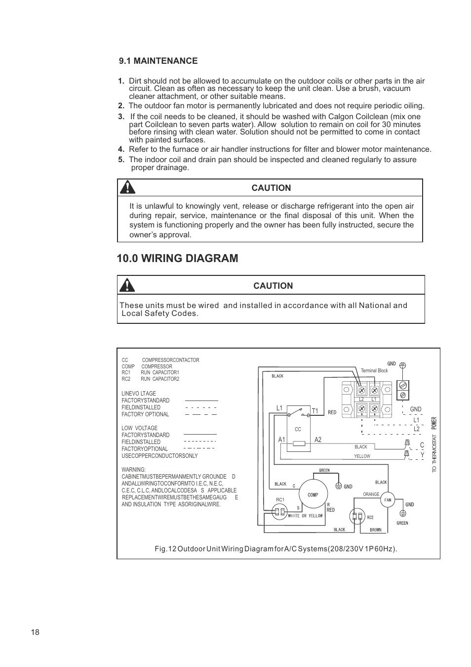 0 wiring diagram, Caution, 1 maintenance | Klimaire CSM42H2P16 User Manual | Page 18 / 21