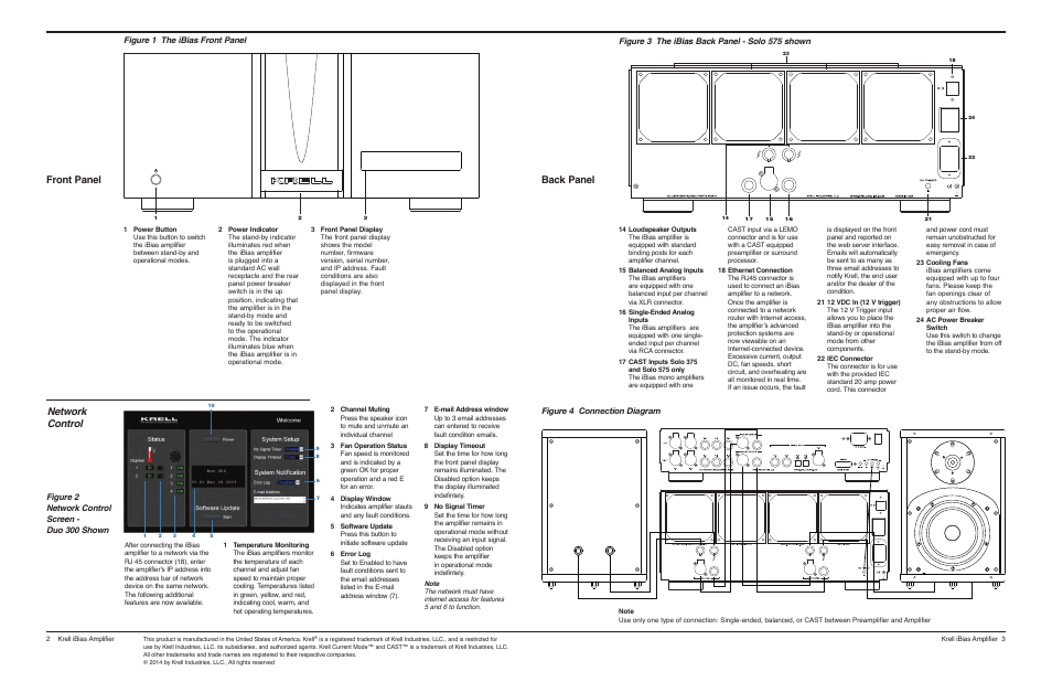Front panel back panel, Network control, Figure 4 connection diagram | Figure 3 the ibias back panel - solo 575 shown | Krell 7200 Chorus User Manual | Page 2 / 2