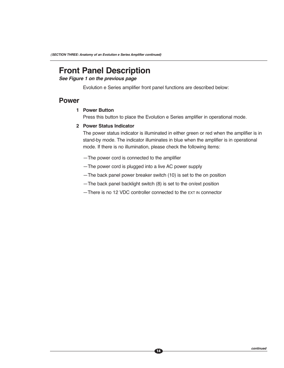 Front panel description, Power | Krell Evolution e Series Manual User Manual | Page 14 / 40