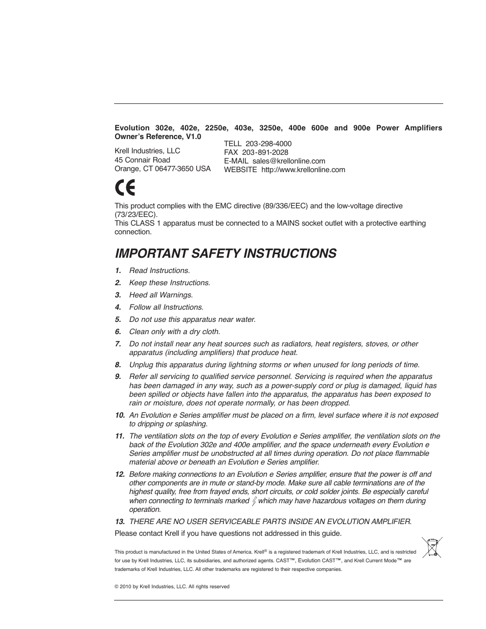 Important safety instructions | Krell Evolution e Series Manual User Manual | Page 2 / 40