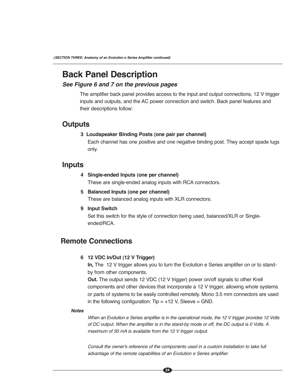 Back panel description, Outputs, Inputs | Remote connections | Krell Evolution e Series Manual User Manual | Page 24 / 40