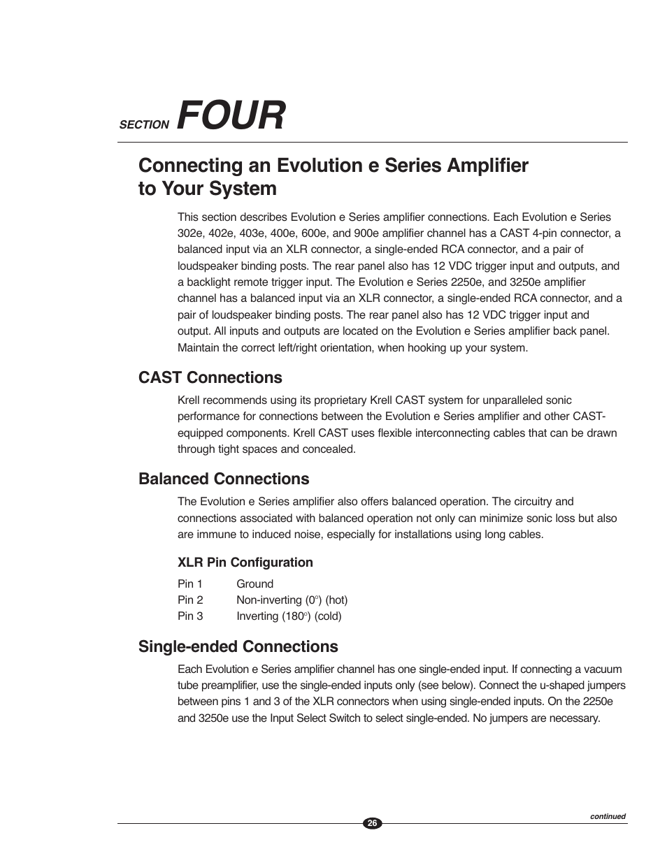 Four, Cast connections, Balanced connections | Single-ended connections | Krell Evolution e Series Manual User Manual | Page 26 / 40