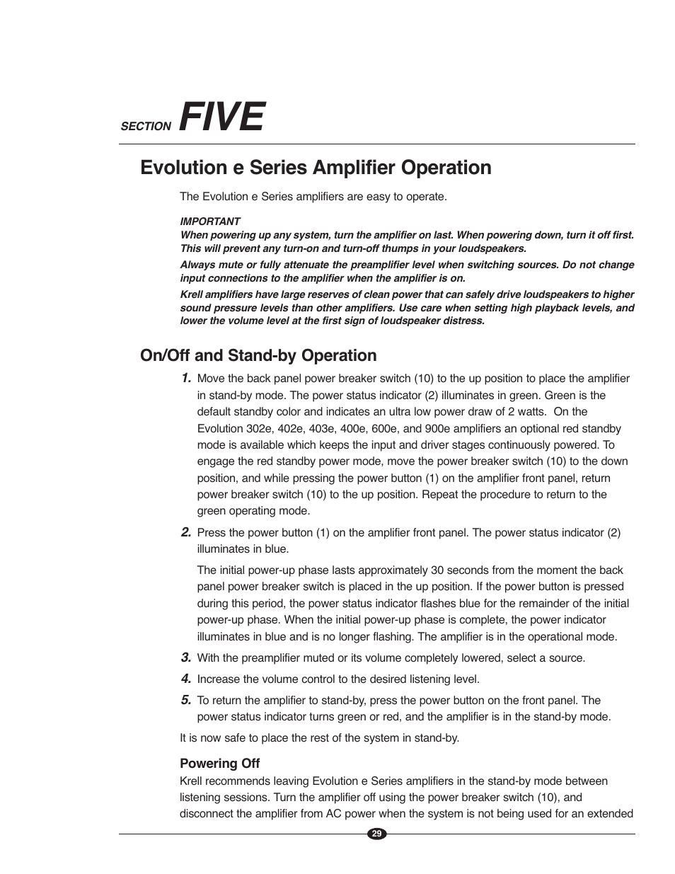 Five, Evolution e series amplifier operation, On/off and stand-by operation | Krell Evolution e Series Manual User Manual | Page 29 / 40