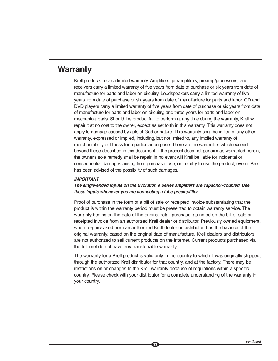Warranty | Krell Evolution e Series Manual User Manual | Page 33 / 40