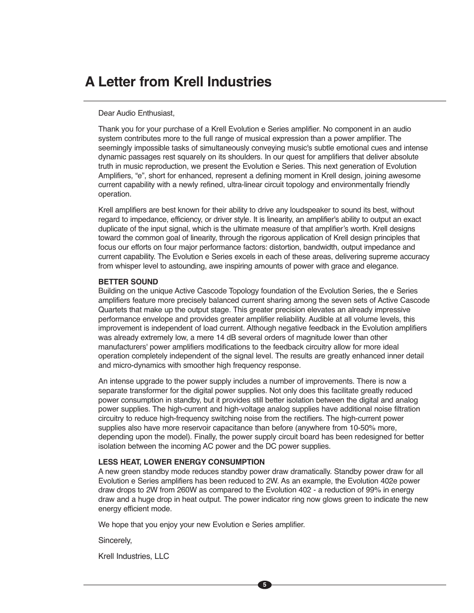 A letter from krell industries | Krell Evolution e Series Manual User Manual | Page 5 / 40