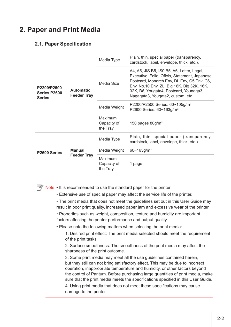 Paper and print media, Paper specification, Paper and print media -2 | Paper speciﬁcation -2 | Pantum P2500W User Manual | Page 13 / 78