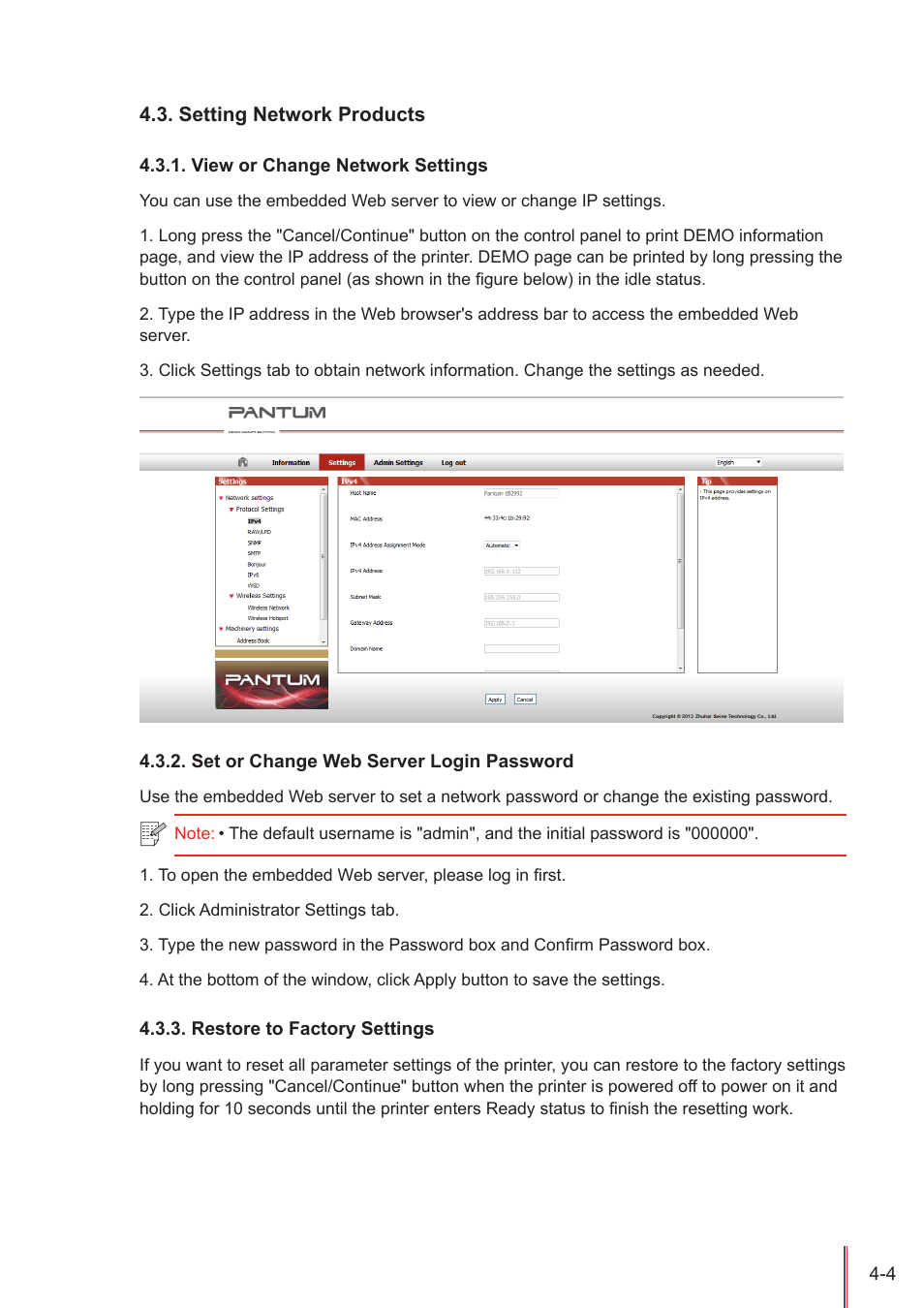 Setting network products, View or change network settings, Set or change web server login password | Restore to factory settings, Setting network products -4, View or change network settings -4, Set or change web server login password -4, Restore to factory settings -4 | Pantum P2500W User Manual | Page 35 / 78