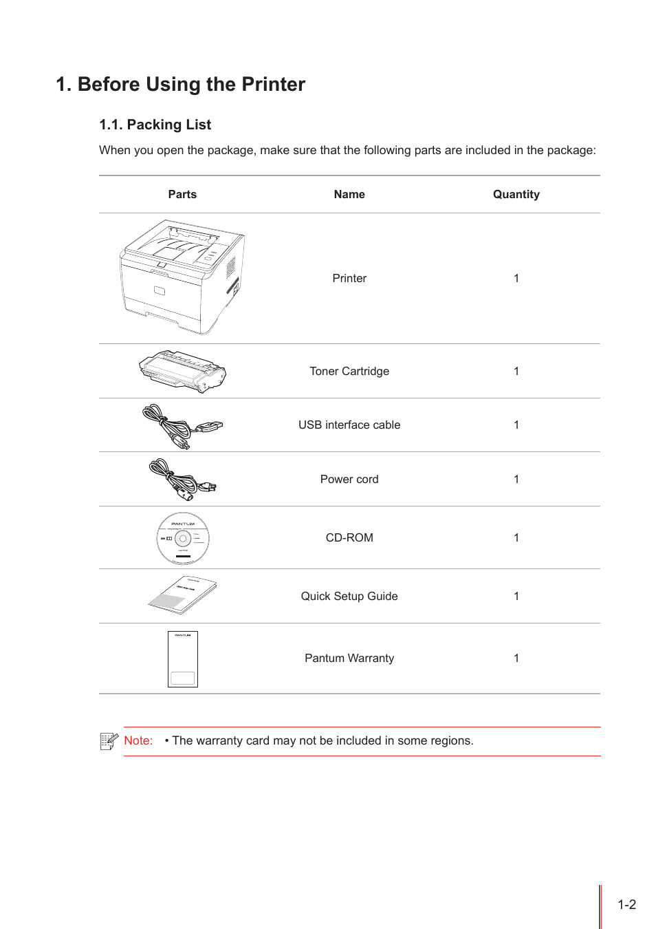 Before using the printer, Packing list, Before using the printer -2 | Packing list -2 | Pantum P3100DN User Manual | Page 9 / 72