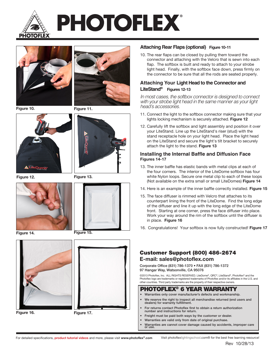 Photoflex, 6 year warranty, Attaching rear flaps (optional) | Installing the internal baffle and diffusion face | Photoflex XT-20XTXS LiteDome: Extra Small User Manual | Page 2 / 2