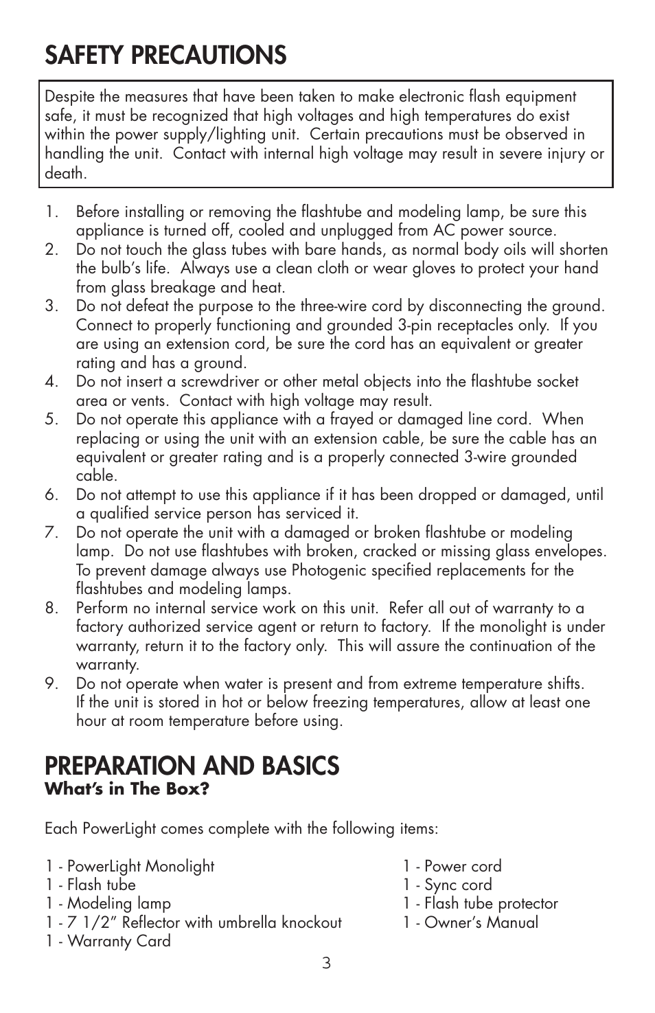 Safety precautions, Preparation and basics | Photogenic Professional Lighting Powerlight Manual (various) User Manual | Page 3 / 28