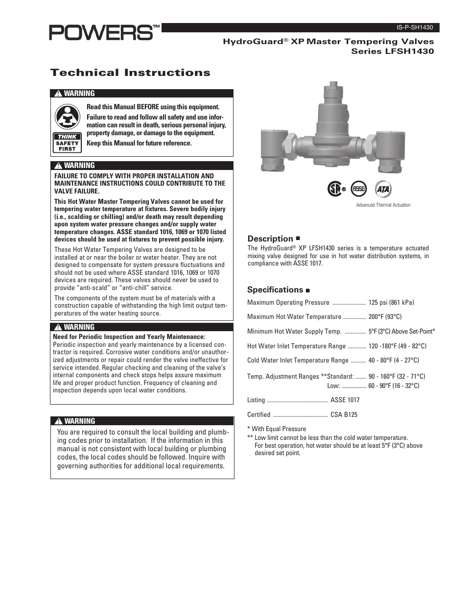 Powers SH1430 Hi/Lo Master Tempering Valves User Manual | 4 pages