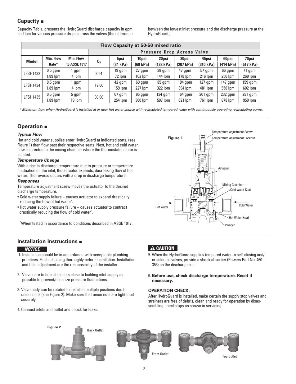 Installation instructions, Operation, Capacity | Powers SH1430 Hi/Lo Master Tempering Valves User Manual | Page 2 / 4