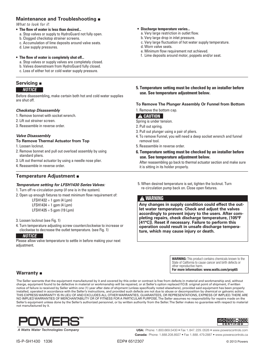 Warning, Servicing, Temperature adjustment | Warranty, Maintenance and troubleshooting | Powers SH1430 Hi/Lo Master Tempering Valves User Manual | Page 4 / 4