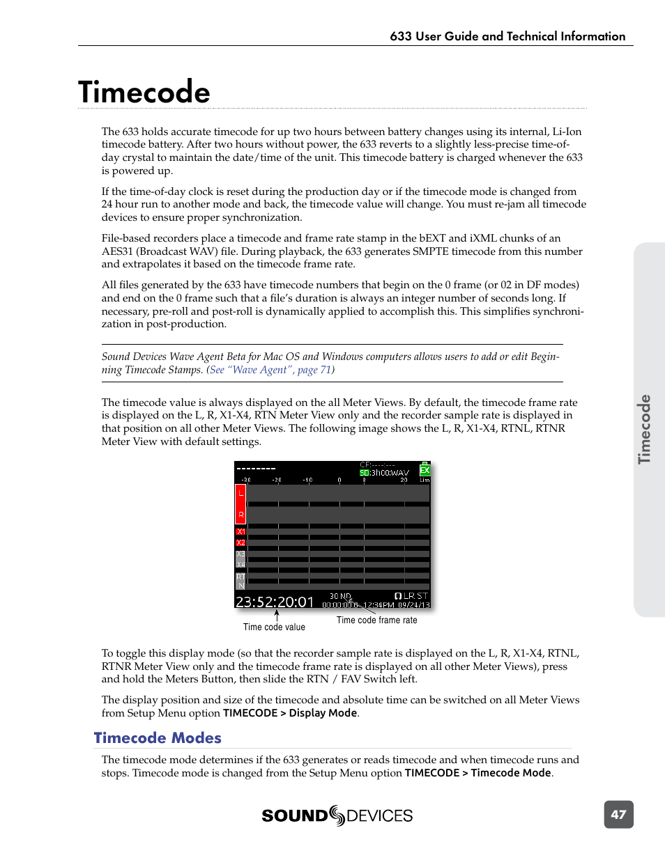 Timecode, Timecode modes | Sound Devices 633 User Manual | Page 53 / 84