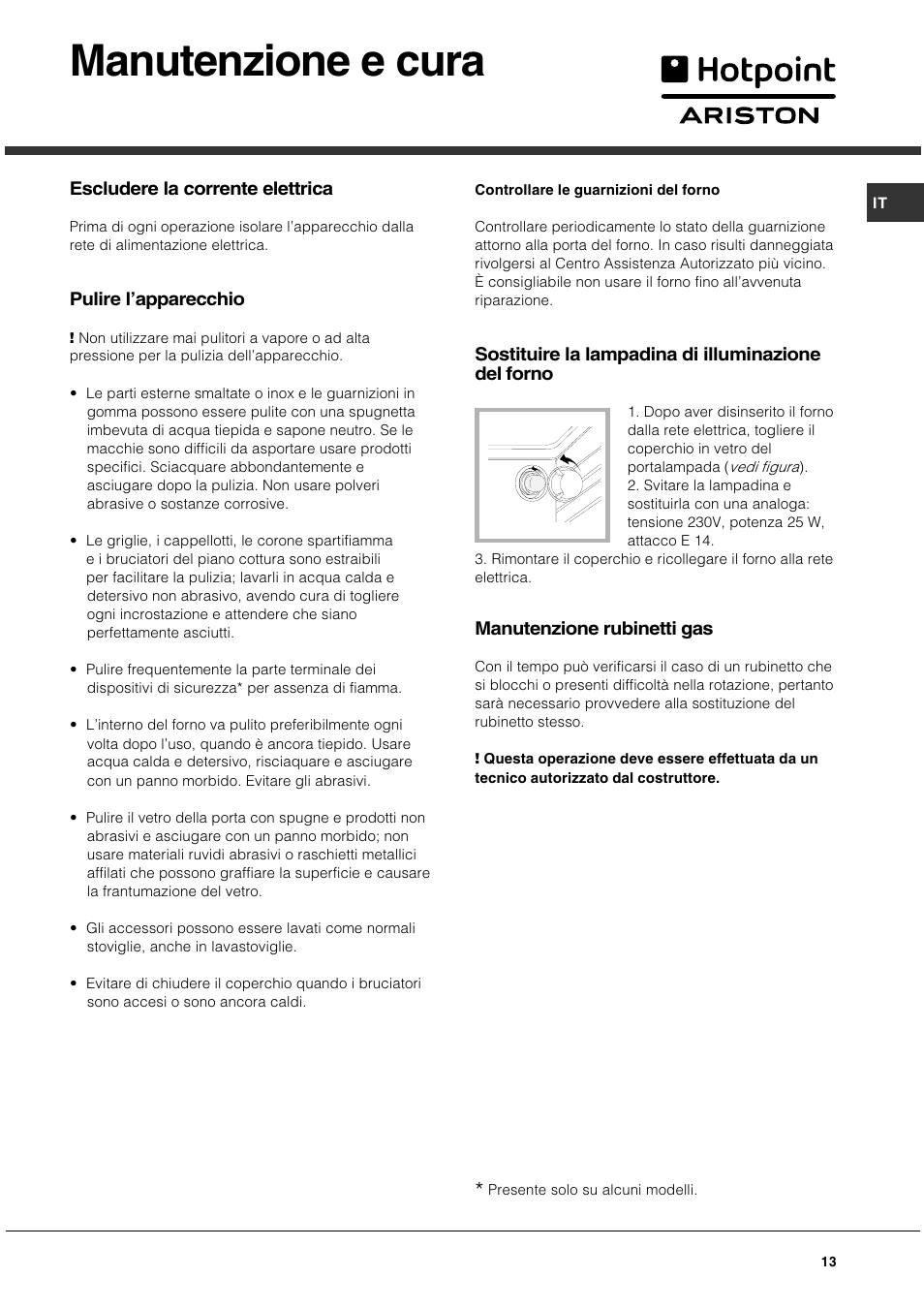 Manutenzione e cura | Hotpoint Ariston CG 64 SG3 R/HA User Manual | Page 13 / 68