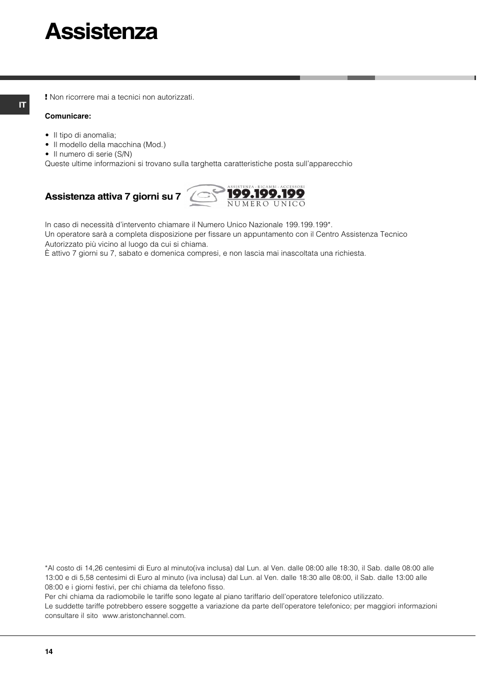 Assistenza | Hotpoint Ariston CG 64 SG3 R/HA User Manual | Page 14 / 68