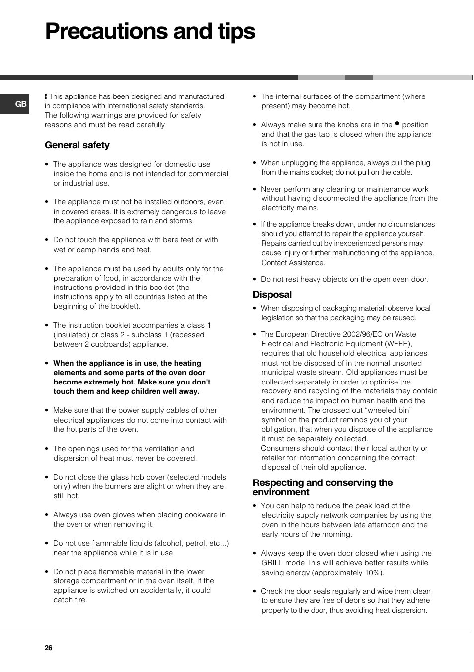 Precautions and tips | Hotpoint Ariston CG 64 SG3 R/HA User Manual | Page 26 / 68