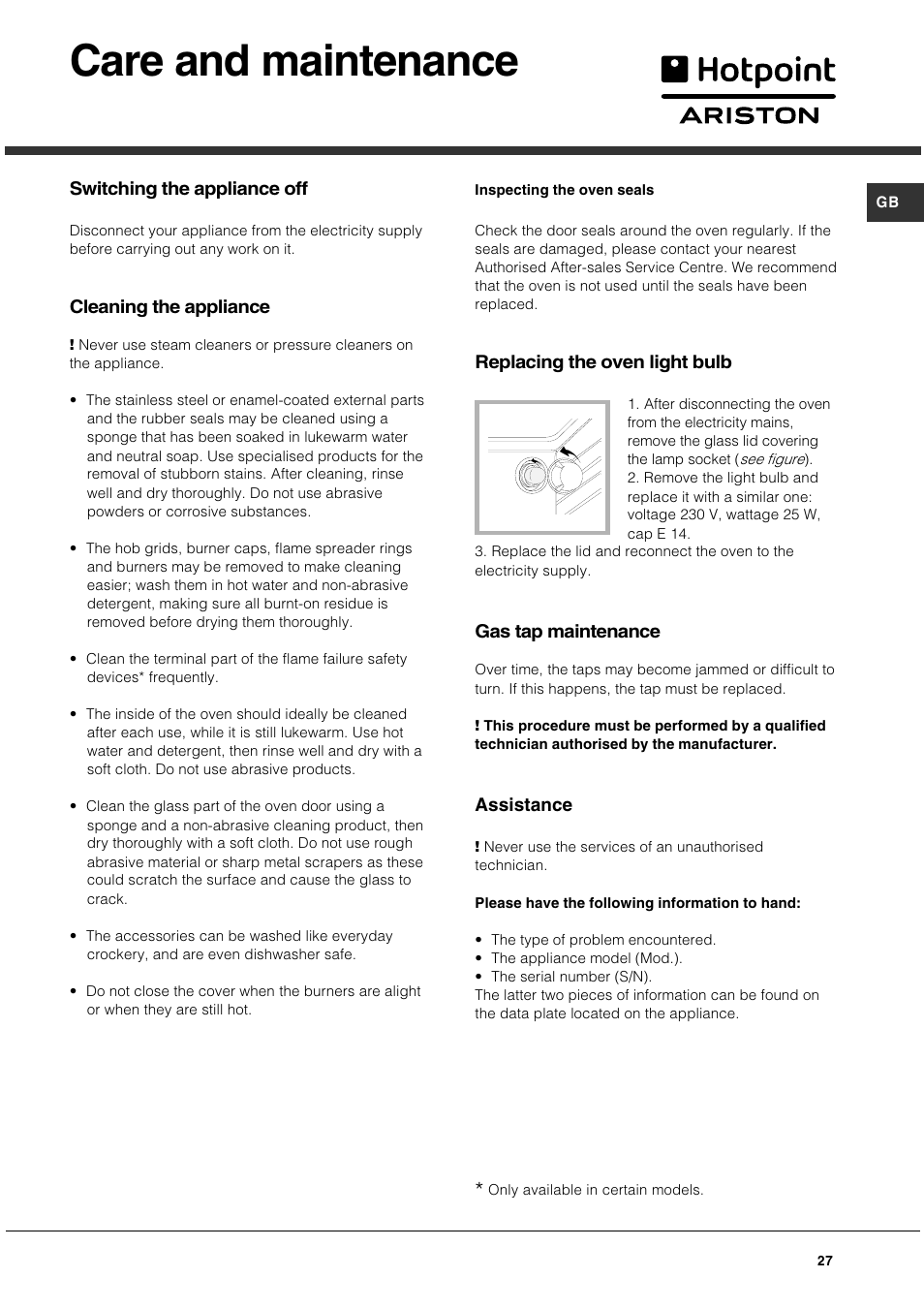 Care and maintenance | Hotpoint Ariston CG 64 SG3 R/HA User Manual | Page 27 / 68