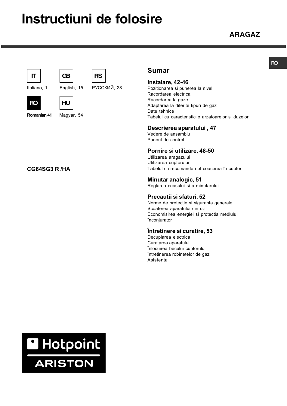 Instructiuni de folosire, Sumar, Aragaz | Hotpoint Ariston CG 64 SG3 R/HA User Manual | Page 41 / 68