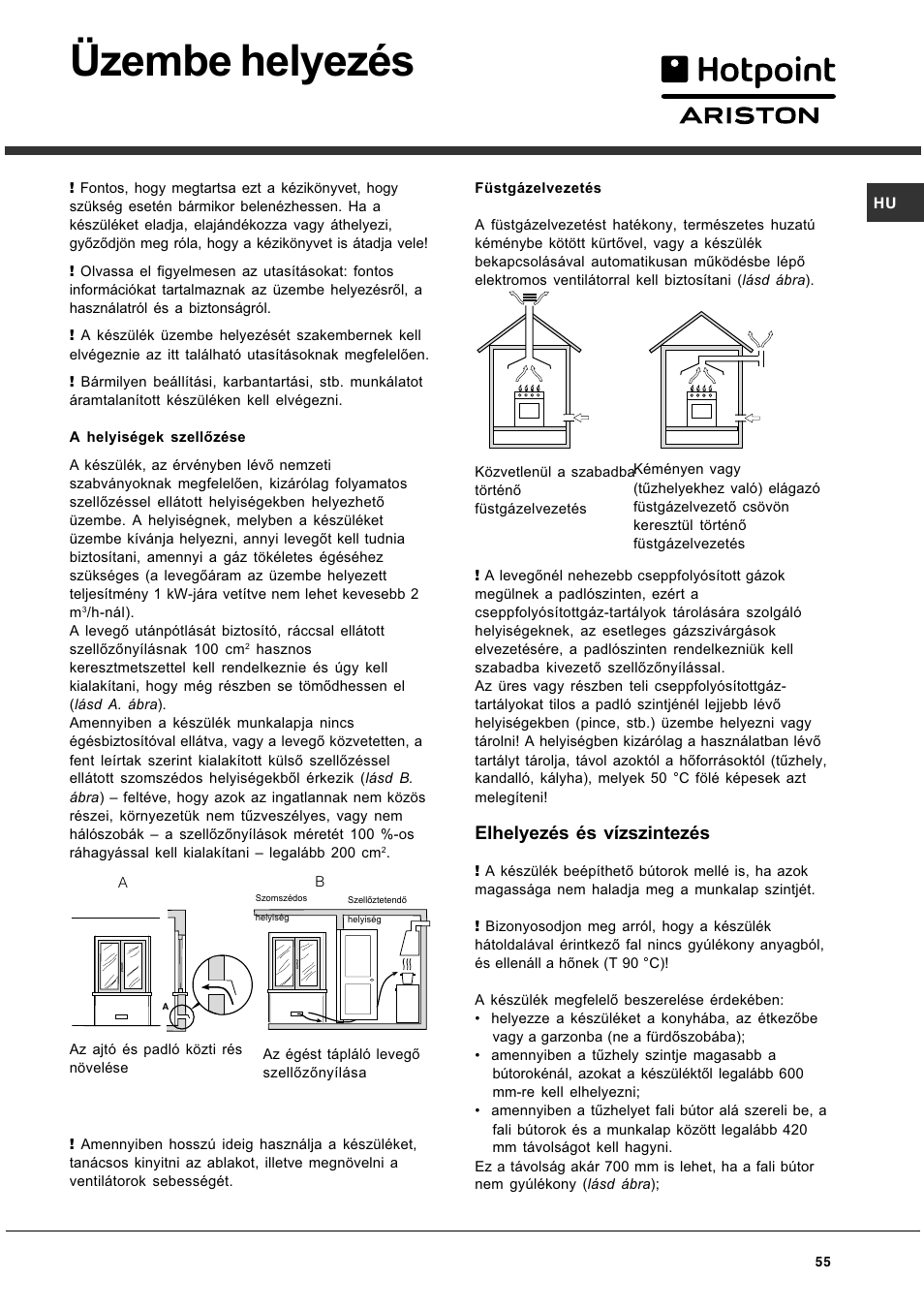 Üzembe helyezés, Elhelyezés és vízszintezés | Hotpoint Ariston CG 64 SG3 R/HA User Manual | Page 55 / 68