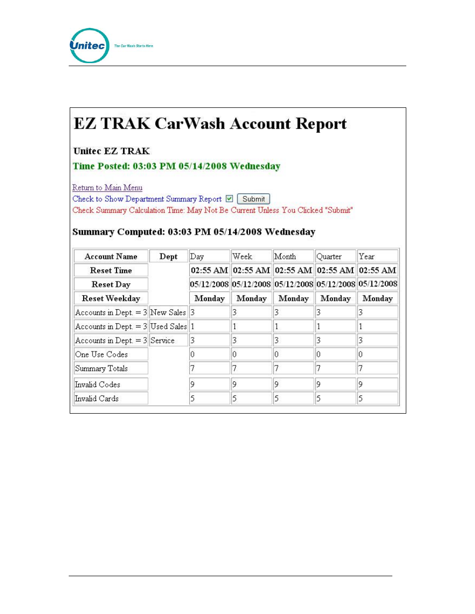 1 account reports, Account reports, Figure 7. sample account report screen | Unitec EZ Trak User Manual | Page 17 / 31