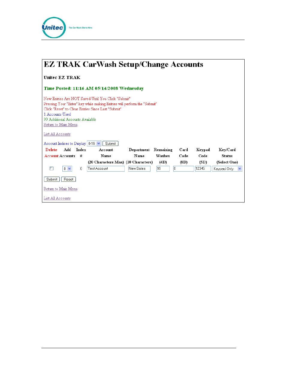 3 setup/change accounts, Setup/change accounts, Figure 9. setup/change account screen | Unitec EZ Trak User Manual | Page 19 / 31