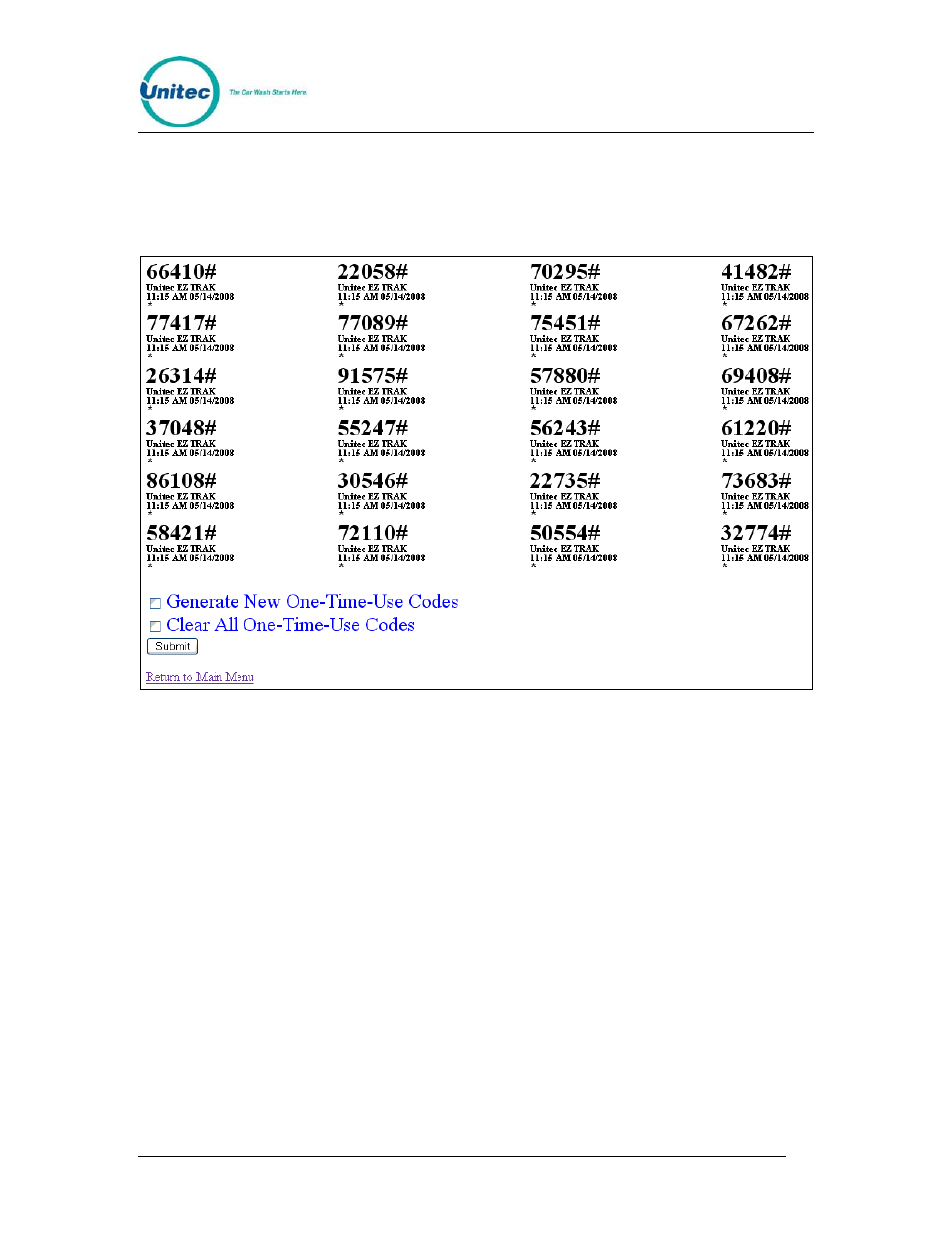 4 one use codes, One use codes, Figure 10. sample one use codes screen | Unitec EZ Trak User Manual | Page 20 / 31