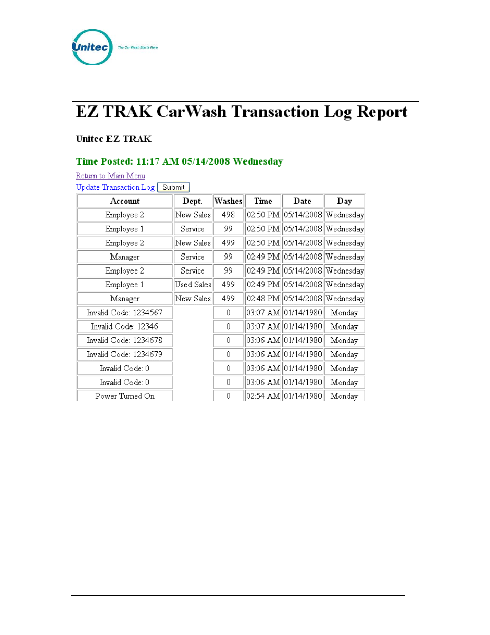 5 transaction log, Transaction log, Figure 11. sample transaction log screen | Unitec EZ Trak User Manual | Page 21 / 31