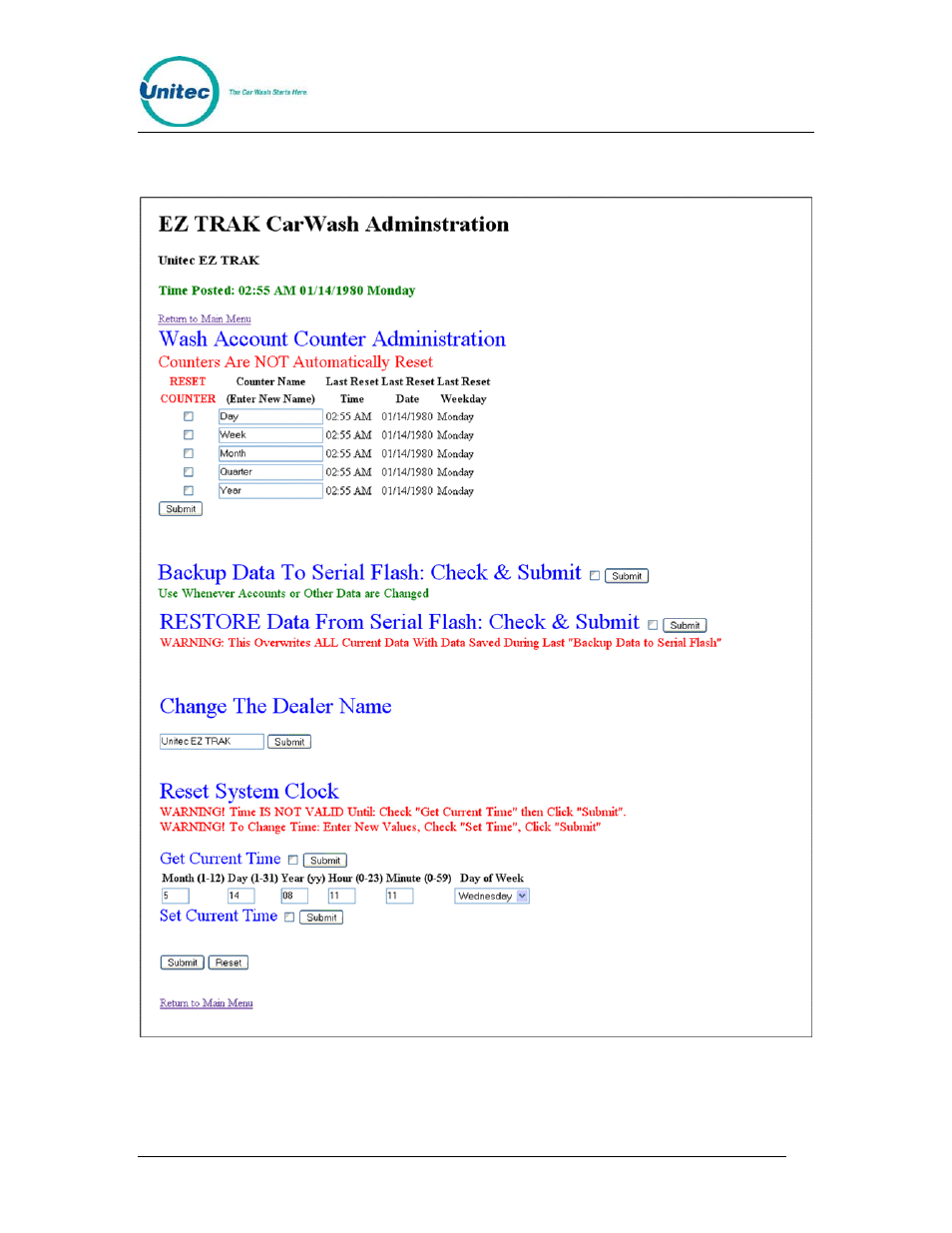 6 administration, Administration, Figure 12. administration screen | Unitec EZ Trak User Manual | Page 22 / 31