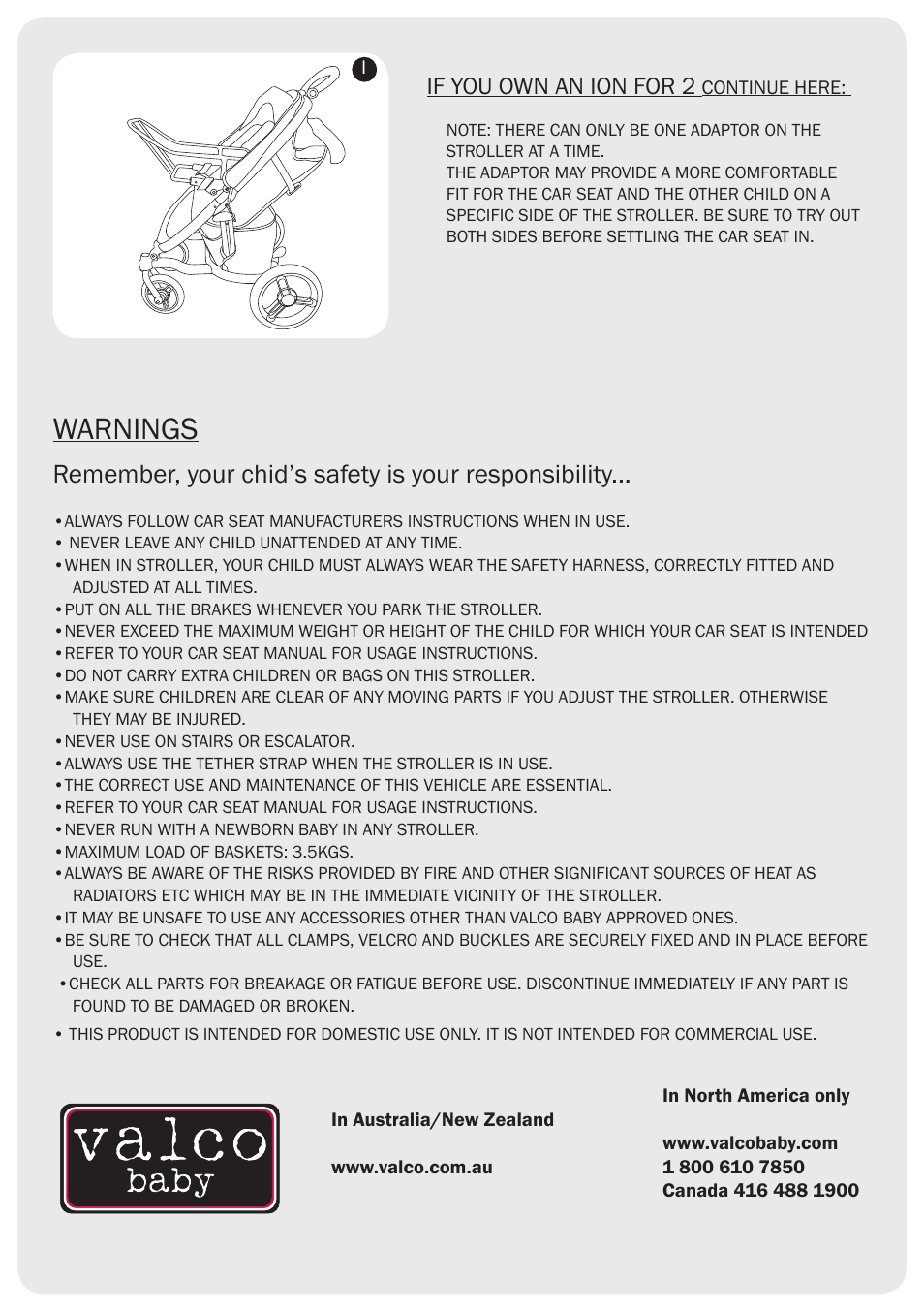 Warnings, If you own an ion for 2 | Valco Baby Ion Car Seat Adaptor User Manual | Page 4 / 4