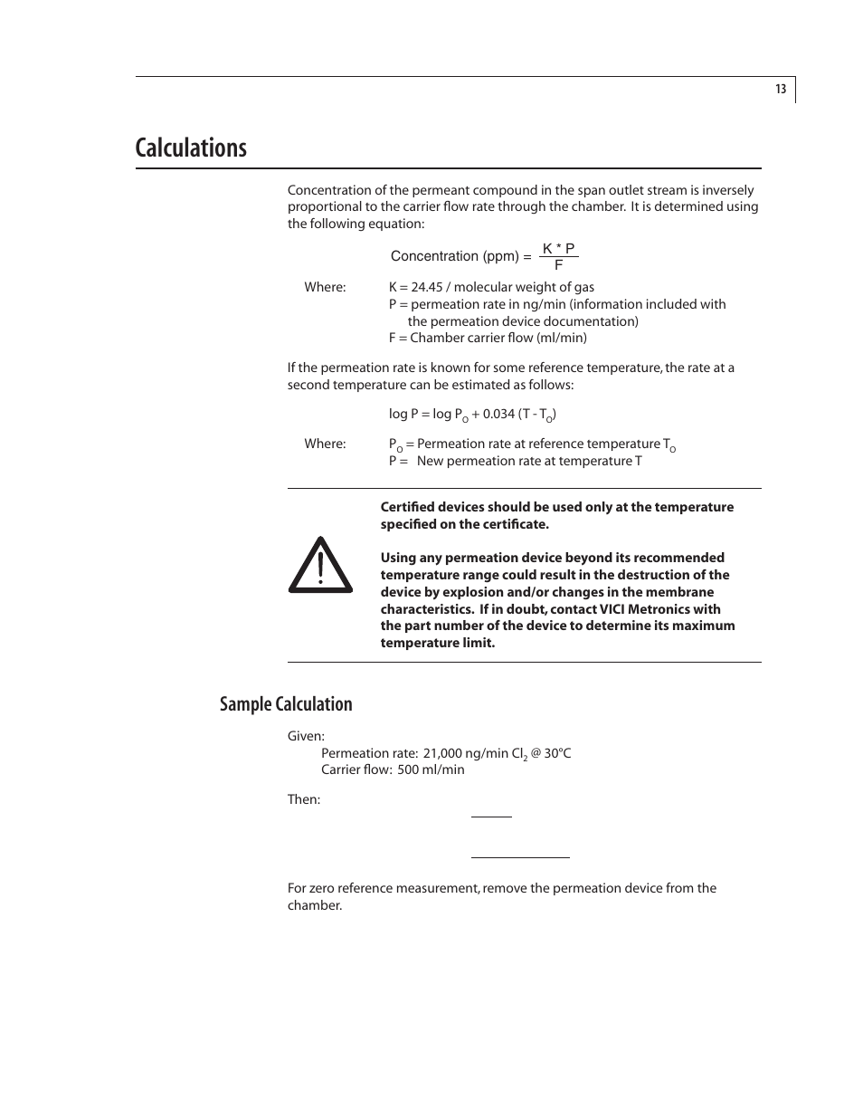 Calculations, Sample calculation | VICI 500 Dynacalibrator User Manual | Page 17 / 37