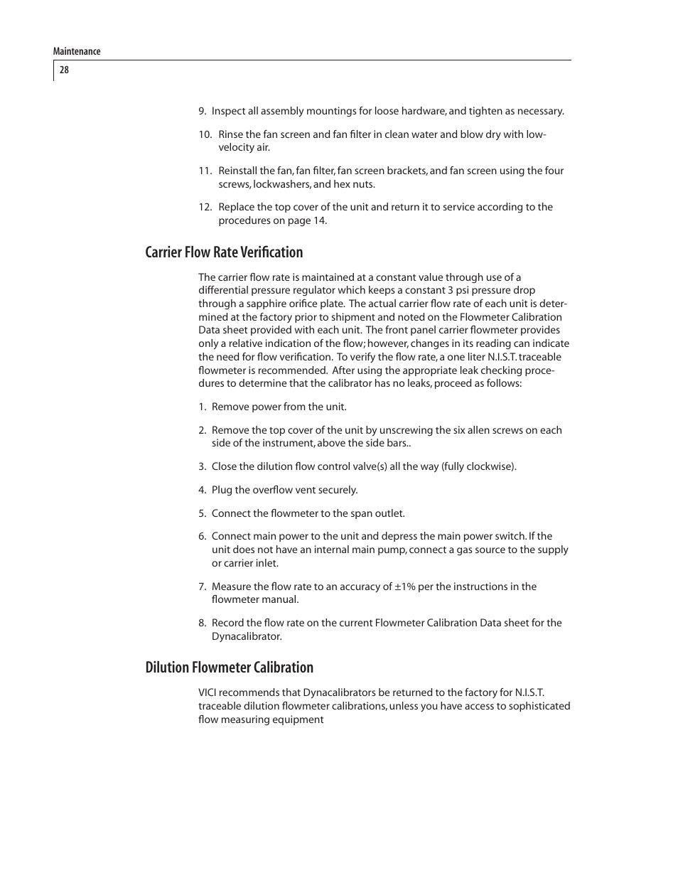 Carrier flow rate verification, Dilution flowmeter calibration | VICI 500 Dynacalibrator User Manual | Page 32 / 37