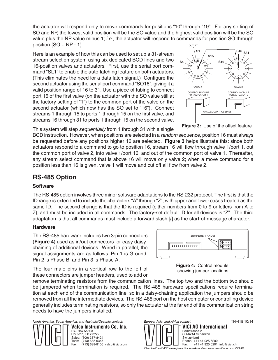 Rs-485 option, Valco instruments co. inc. vici ag international, Figure 4: control module, showing jumper locations | Figure 3: use of the offset feature | VICI Selectors (multiposition) Microelectric User Manual | Page 9 / 9