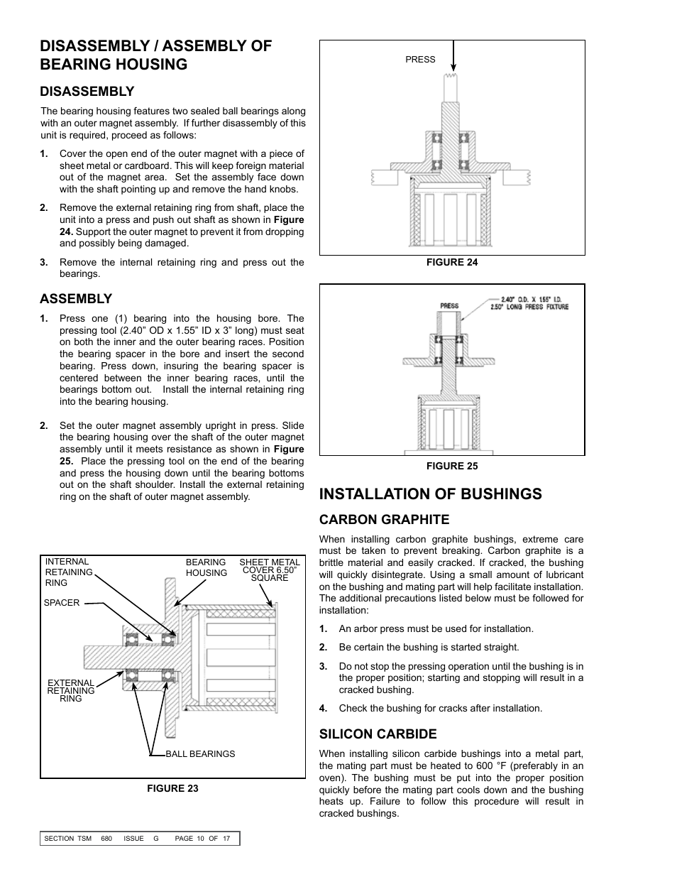 Disassembly / assembly of bearing housing, Installation of bushings, Disassembly | Assembly, Carbon graphite, Silicon carbide | Viking Pump TSM680: 895, 893 and 897 Mag Drive User Manual | Page 10 / 17