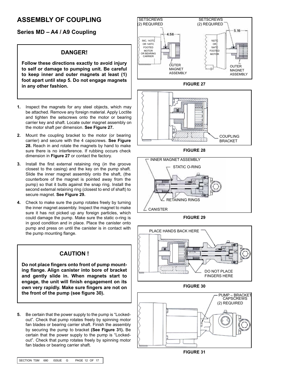 Assembly of coupling, Series md – a4 / a9 coupling danger, Caution | Viking Pump TSM680: 895, 893 and 897 Mag Drive User Manual | Page 12 / 17