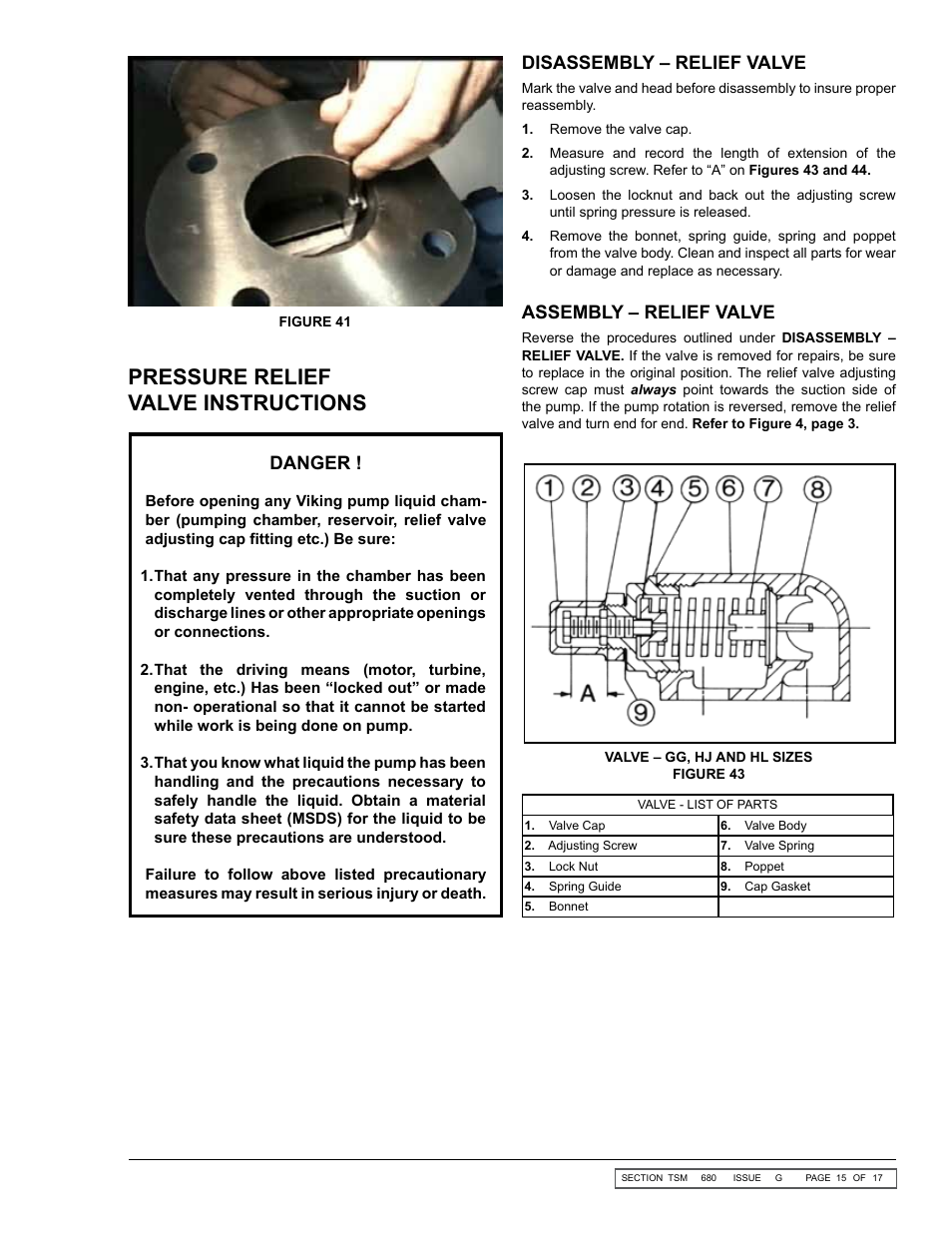 Pressure relief valve instructions, Danger, Disassembly – relief valve | Assembly – relief valve | Viking Pump TSM680: 895, 893 and 897 Mag Drive User Manual | Page 15 / 17